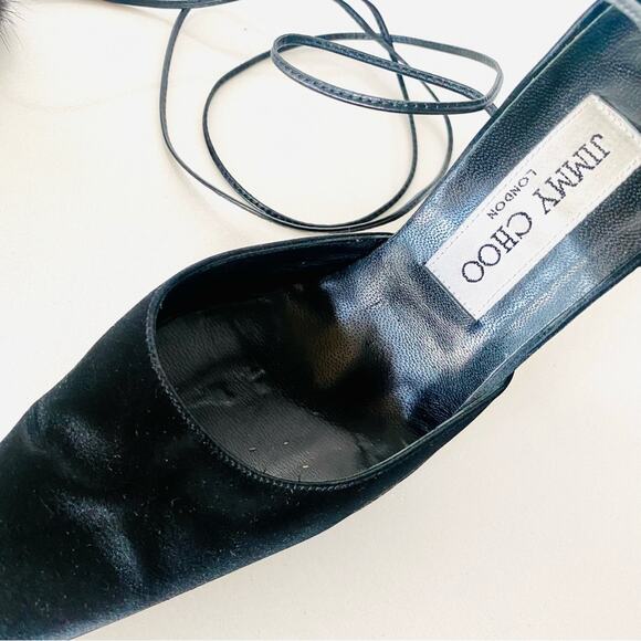 JIMMY CHOO Classic Black Pointy Toe Open Fur Pom Tie Wrap Heeled Mules Shoes 36 - Picture 3 of 16